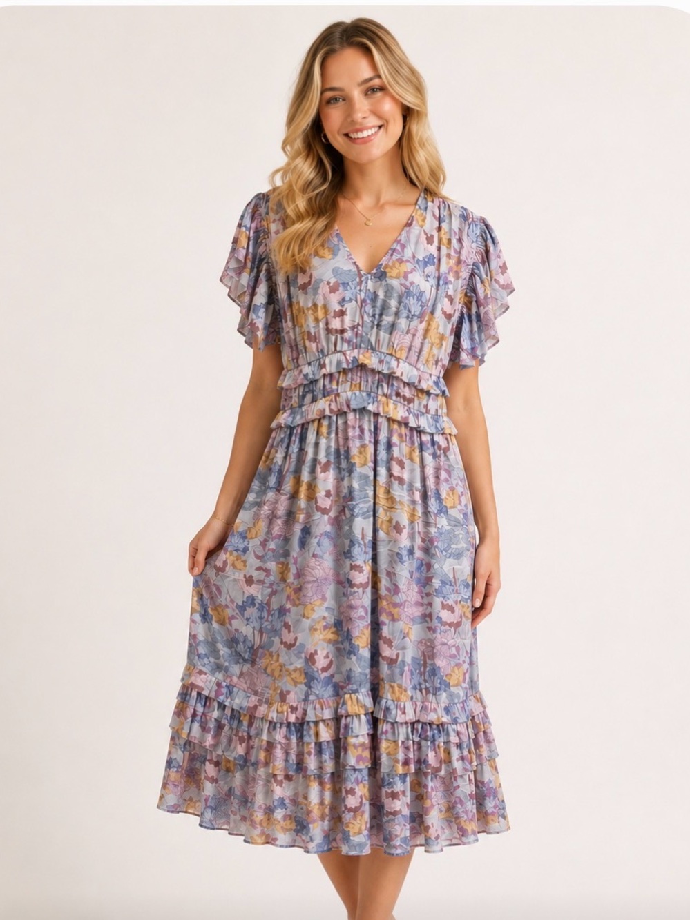 BOHME Floral Modest Flutter Sleeve V Neck Dress - Small